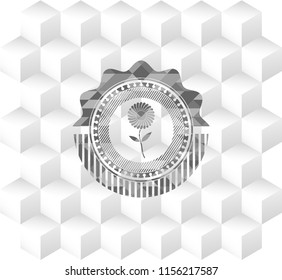 flower icon inside realistic grey emblem with cube white background