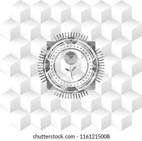 flower icon inside realistic grey emblem with geometric cube white background