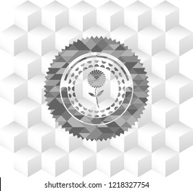 flower icon inside realistic grey emblem with cube white background