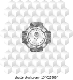 flower icon inside realistic grey emblem with cube white background