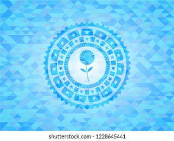 flower icon inside realistic light blue emblem. Mosaic background