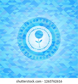 flower icon inside realistic sky blue emblem. Mosaic background