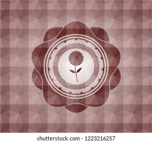 flower icon inside red badge with geometric pattern. Seamless.