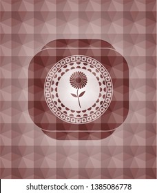 flower icon inside red badge with geometric pattern. Seamless.