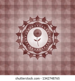 flower icon inside red seamless emblem or badge with geometric pattern background.