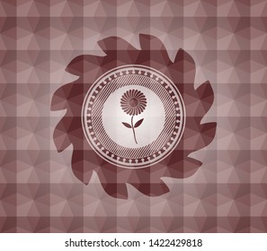 flower icon inside red seamless geometric pattern emblem. Seamless.