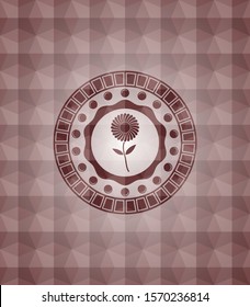 flower icon inside red seamless badge with geometric pattern.