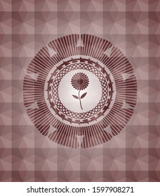 flower icon inside red seamless emblem or badge with abstract geometric polygonal pattern background.