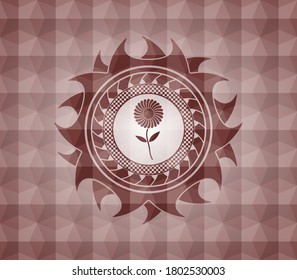icono de flor dentro del emblema rojo sin soldadura con fondo de patrón geométrico. 