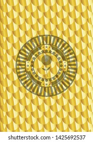 flower icon inside shiny golden emblem. Scales pattern. Vector Illustration. Detailed.