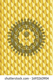 flower icon inside shiny golden badge. Scales pattern. Vector Illustration. Detailed.