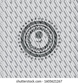 flower icon inside silver color badge. Scales pattern. Vector Illustration. Detailed.