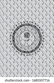 icono de flor dentro de la placa o emblema de color plata. Patrón de escalas. Ilustración vectorial. Detallado.