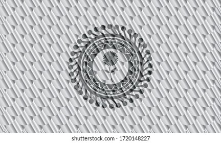 flower icon inside silver shiny emblem. Scales pattern. Vector Illustration. Detailed. 