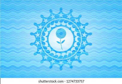 flower icon inside sky blue water wave emblem.
