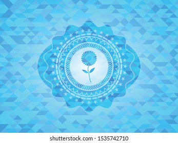 flower icon inside sky blue emblem with mosaic ecological style background