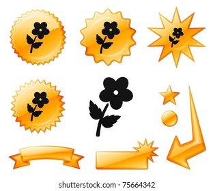 Flower Icon on Orange Burst Banners and Medals Original Vector Illustration