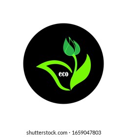 Icono negro redondeado editable; líneas dibujadas a mano, concepto biológico creativo, forma de tulipán verde con hojas, texto, VECTOR, elementos aislados