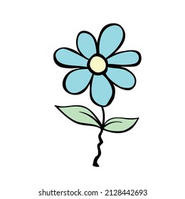 Flower icon on stem with leaves. Vector cute illustration, clip art, simple stylized botanical element in doodle flat cartoon style, isolated on white background