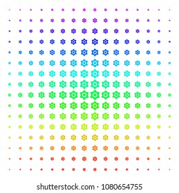 Flower icon rainbow colored halftone pattern. Vector flower symbols organized into halftone grid with vertical rainbow colors gradient. Designed for backgrounds, covers and abstraction concepts.