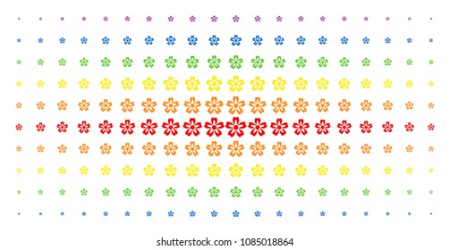Flower icon rainbow colored halftone pattern. Vector flower objects are arranged into halftone matrix with vertical rainbow colors gradient. Designed for backgrounds, covers,
