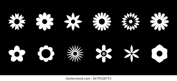 Ícone Flor. Retro primavera verão branco ícone flor vetor de design. Conjunto de ícones de camomila. Redondo bonito ícone da planta da flor coleção de ilustrações vetoriais para impressão, web e design gráfico, isolado no branco
