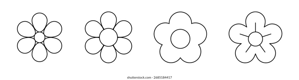 Ícone Flor. Retro primavera verão outono flor ícones conjunto. Conjunto de ícones de camomila. Coleção de vetor de planta de flor redonda bonito isolado no fundo branco.