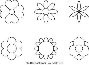 Blumensymbol. Retro Frühling Sommer Herbst Blumen-Icons gesetzt. Kamillensymbol-Set. Süße runde Blumenpflanze, Vektorgrafik-Kollektion einzeln auf weißem Hintergrund.