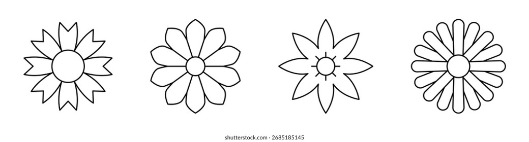 Flower icon. Retro spring summer autumn flower icons set. Camomile icon set. Cute round flower plant vector collection isolated on white background.