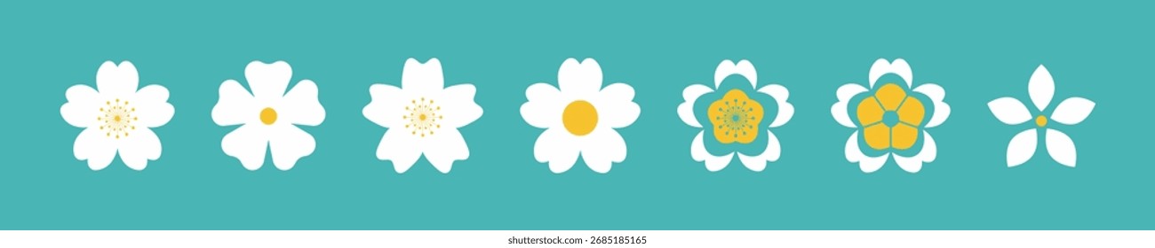 Flower icon. Retro spring summer autumn flower icons set. Camomile icon set. Cute round flower plant vector collection isolated on white background.