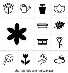 Flower icon. set of 13 filled and outline flower icons such as leaf, flower, plant in pot, pond, beehouse, hand with seeds, lotus, watering can, pot for plants, clover