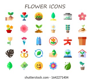 flower icon set. 30 flat flower icons. Included sprout, plant, tulips, terrarium, cherry blossom, plants, rose, flower pot, bouquet, gardening, no picking flowers, yoga icons