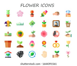 flower icon set. 30 flat flower icons.  Simple modern icons such as: plant, cherry blossom, sunflower, rose, gardening, vase, fleur de lis, grass, seed, gioconda, herbal, sow