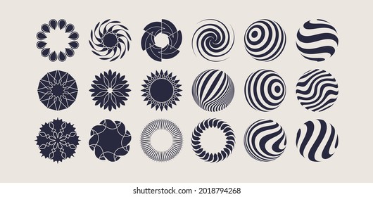 Flower icon set. 3D geometric striped rounded shape. Sphere. Abstract graphic design elements for print or design. Optical art. Vector illustration. 