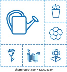 Flower icon. set of 6 flower outline icons such as watering can, water hose, plant in pot, flower