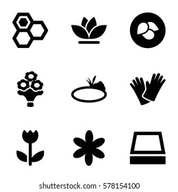 flower icon. Set of 9 flower filled icons such as leaf, honey, gloves, pond