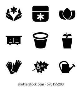 flower icon. Set of 9 flower filled icons such as leaf, beehouse, lotus, flower, watering can, pot for plants, plant in pot