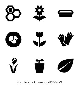 flower icon. Set of 9 flower filled icons such as leaf, honey, pot for plants, plant in pot, flower