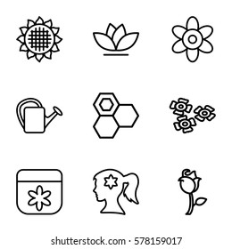 flower icon. Set of 9 flower outline icons such as sunflower, honey, watering can