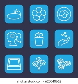 Flower icon. set of 9 outline flower icons such as leaf, hand with seeds, plant in pot, pond, square plant pot