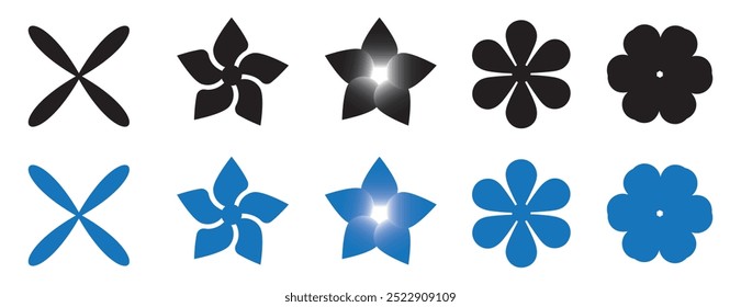 Flower icon set, black and blue flowers isolated on transparent, vector illustration