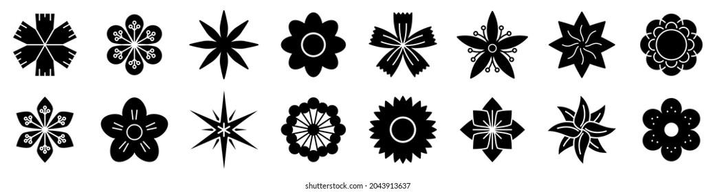 Icono de flor. Conjunto de iconos de flores negras. Iconos vectoriales de diferentes flores. Ilustración vectorial.