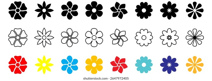 Conjunto del icono de la flor, flor negra aislada en blanco, Ilustración vectorial