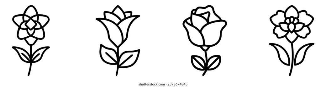 Flower icon. Set of black linear flower icons. Flower symbol. Vector illustration