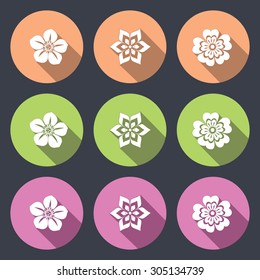 Flower icon set. Camomile, daisy, orchid, orchidea, primula. Floral symbol. White sign on round soft, green, orange, lilac, flat buttons with long shadow on dark gray background. Vector isolated.