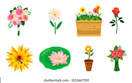 Flower icon set. Cartoon set of flower vector icons for web design isolated on white background