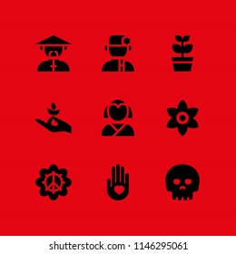 flower icon set with chinese, heart on the palm and russian vector icons for web and graphic design