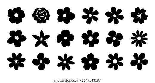 Flower icon set. Collection of black flowers silhouette vector. Cute round flower head in various shapes. Hand drawn simple botanical spring blossom art. Rose, Daisy, Chamomile,  etc. flowers clipart.