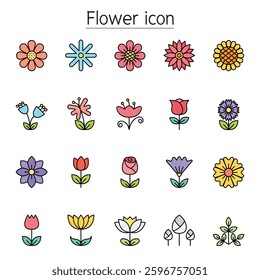 Flower icon set in color line style