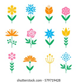 Flower icon set. Cute retro design in bright colors for stickers, labels, tags, gift wrapping paper.